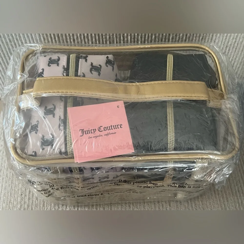 NWT Juicy Couture Gold & Black Cosmetic Bag Set PLUS Travel Toiletry Bottle NEW